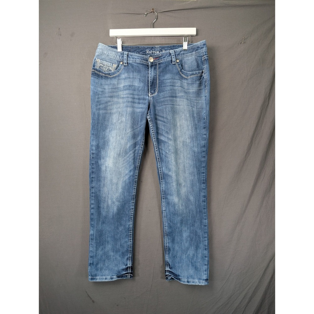 Rhythm in Blues Womens Blue Embellished Straight Leg Denim Jeans Size 14